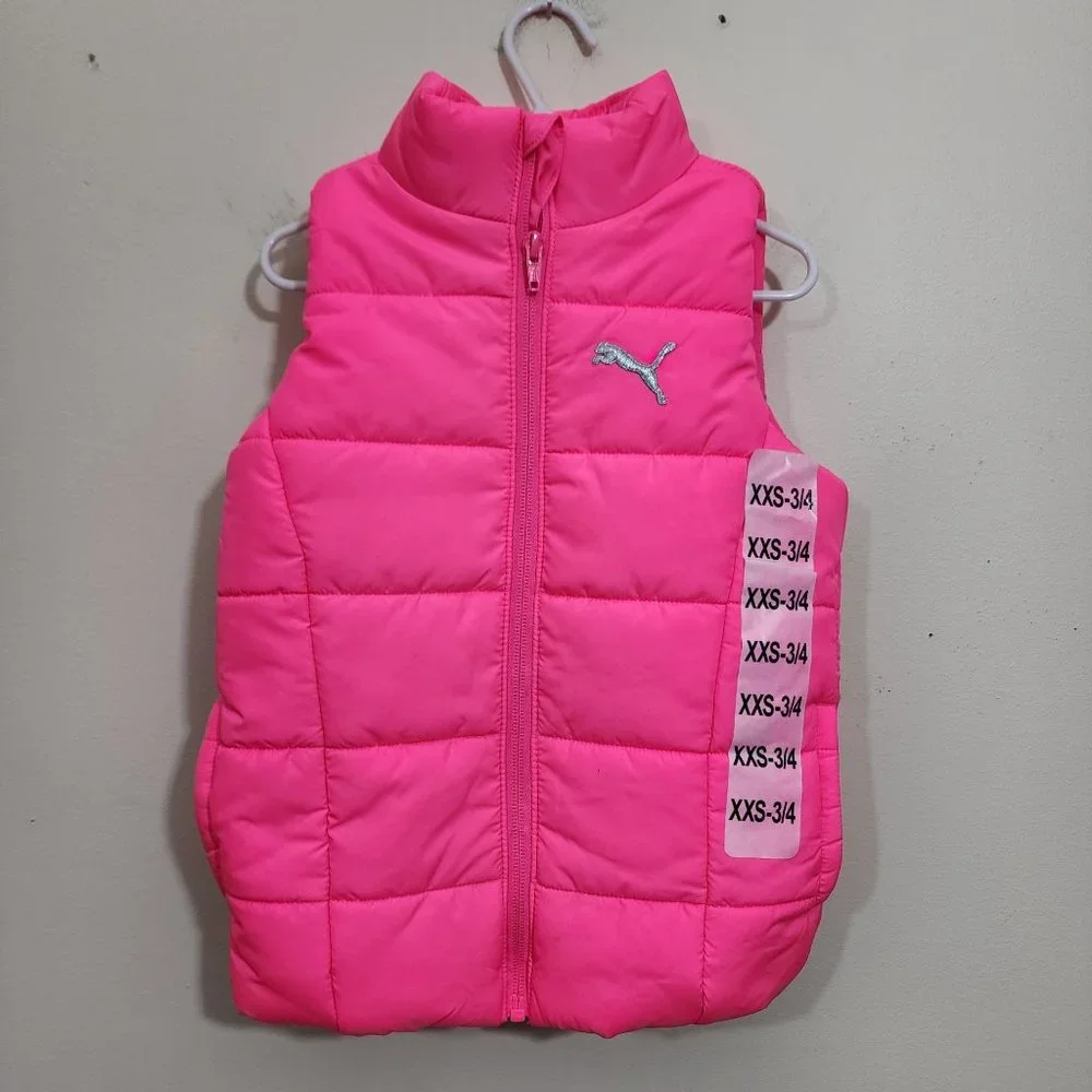 Puma NWT neon pink puffer full zip‎ front vest girls size XXS 3/4